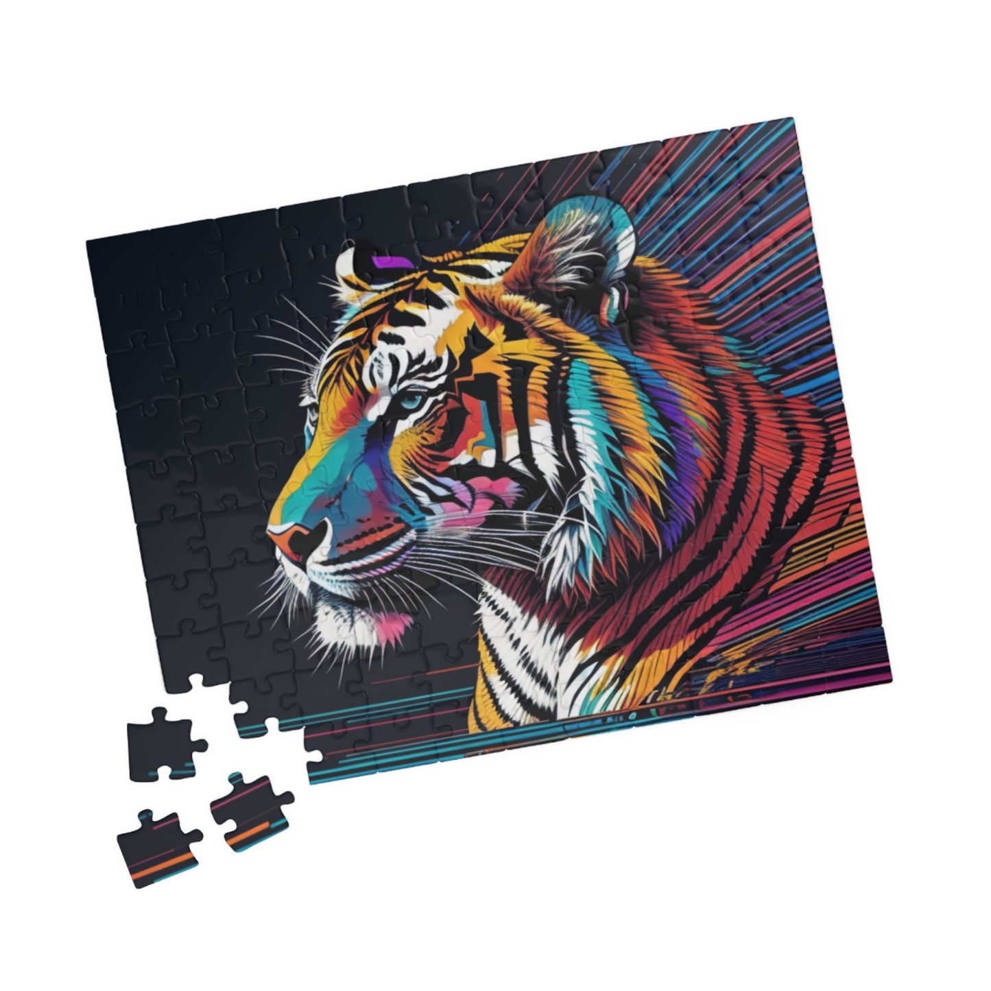 Tiger walking forward in a bold jungle setting, featured on a puzzle representing strength, focus, and personal growth