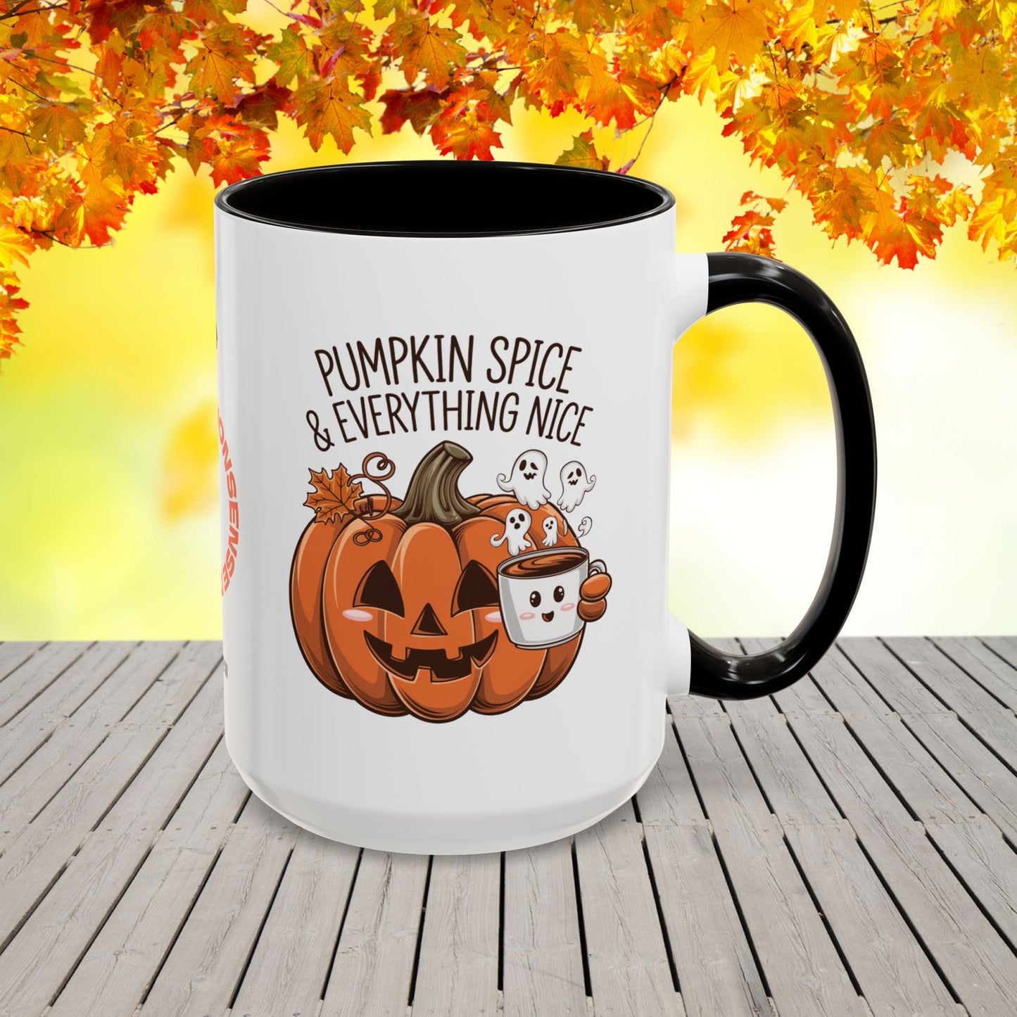 Festive Halloween coffee mug with “Pumpkin Spice & Everything Nice” phrase, promoting positivity and emotional wellness