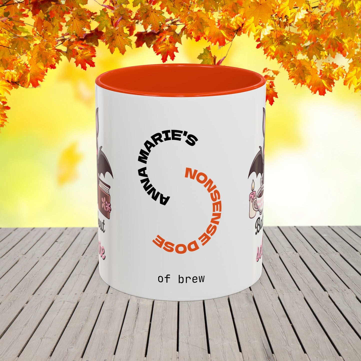 Halloween mug with bat-themed design and self-care message, promoting anxiety relief and mental health awareness