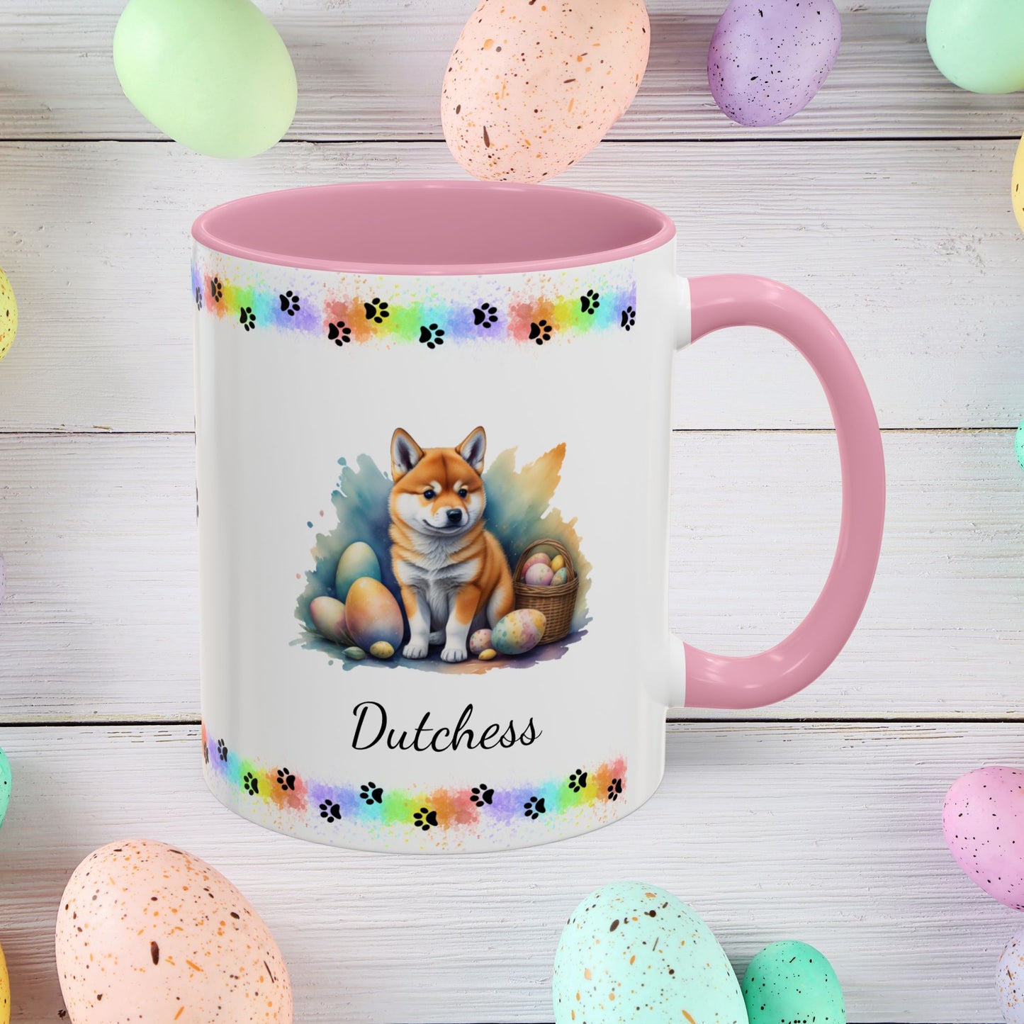 Shiba Inu Easter puppy coffee mug personalized for dog lovers, perfect for mental health support and Easter happiness.
