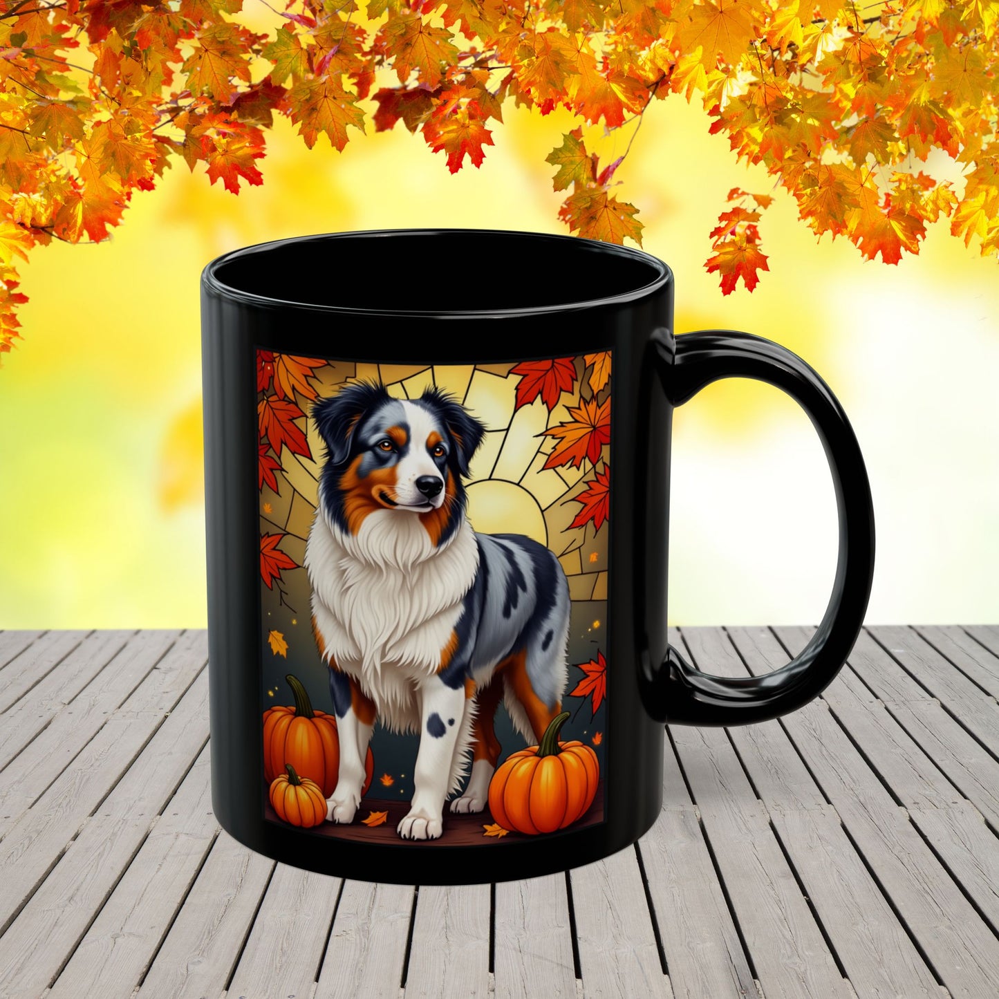 Australian Shepherd Blue Merle - Autumn black mug, personalized Aussie dog coffee cup for pet lovers