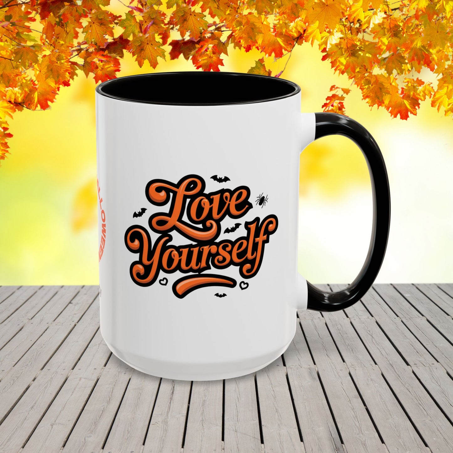 Love Yourself Halloween Mug -custom coffee cup with name & uplifting seasonal quote