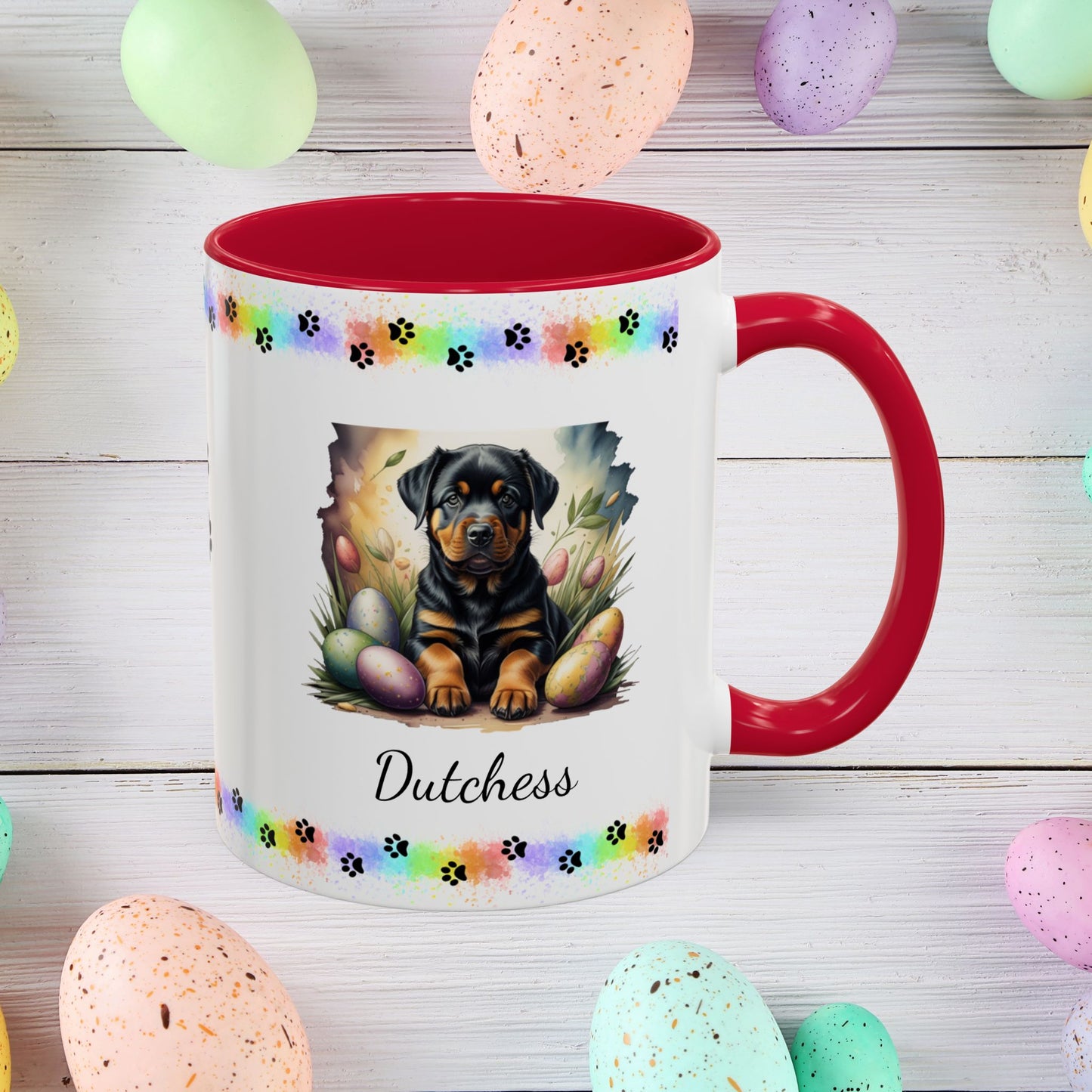 Rottweiler Easter puppy coffee mug personalized dog design, thoughtful gift for self-care and mental health awareness.
