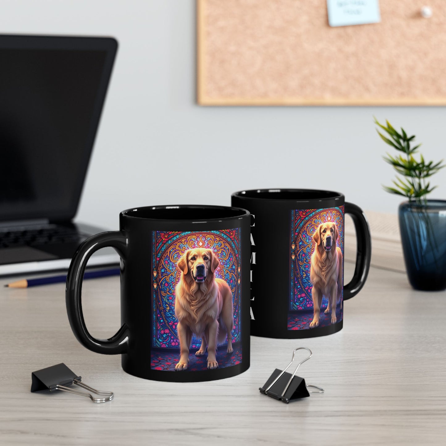 Light Cream Golden Retriever personalized stained glass design mug, custom dog lover gift idea