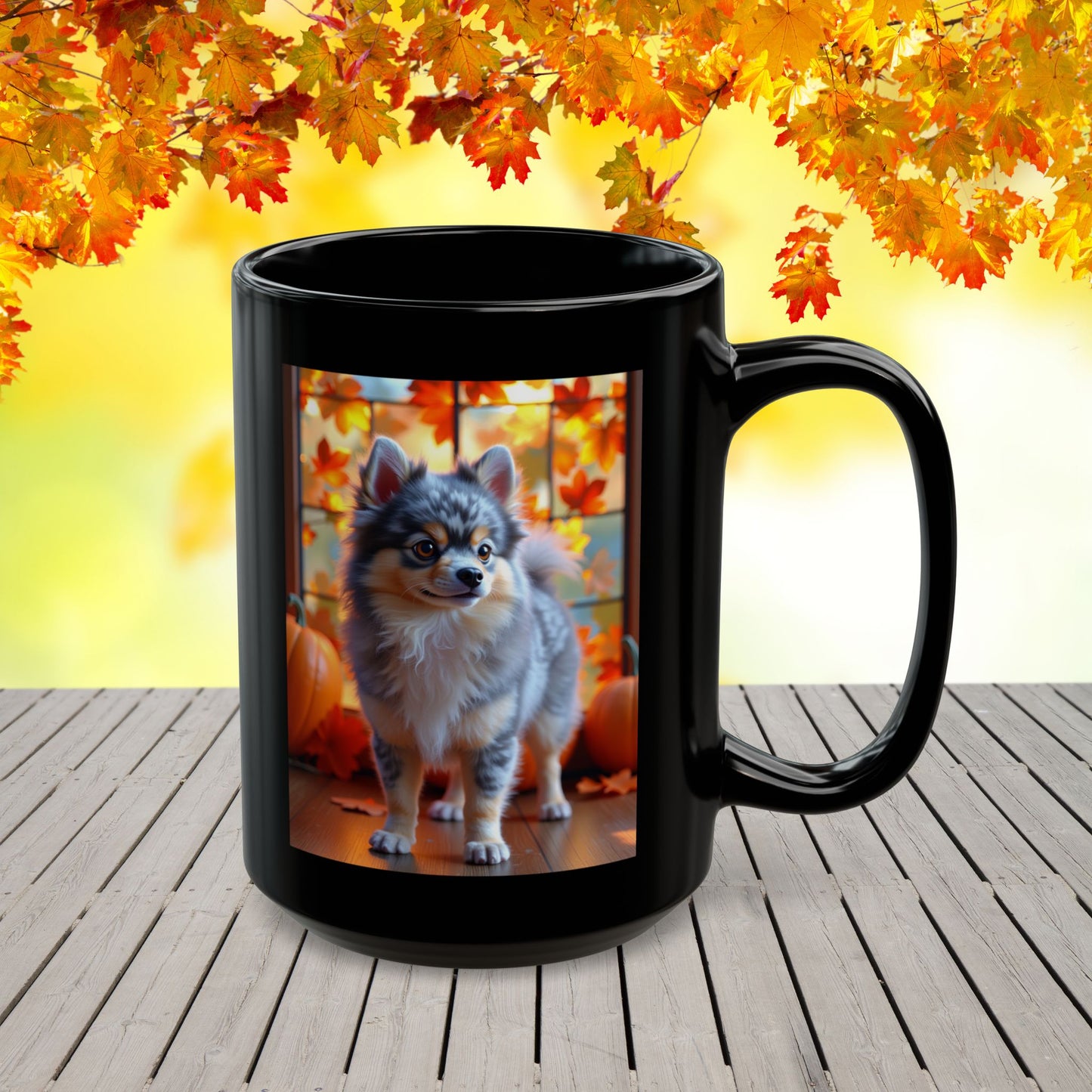 Blue Merle & Tan Pomeranian fall coffee mug, personalized gift for dog lovers and cozy autumn days