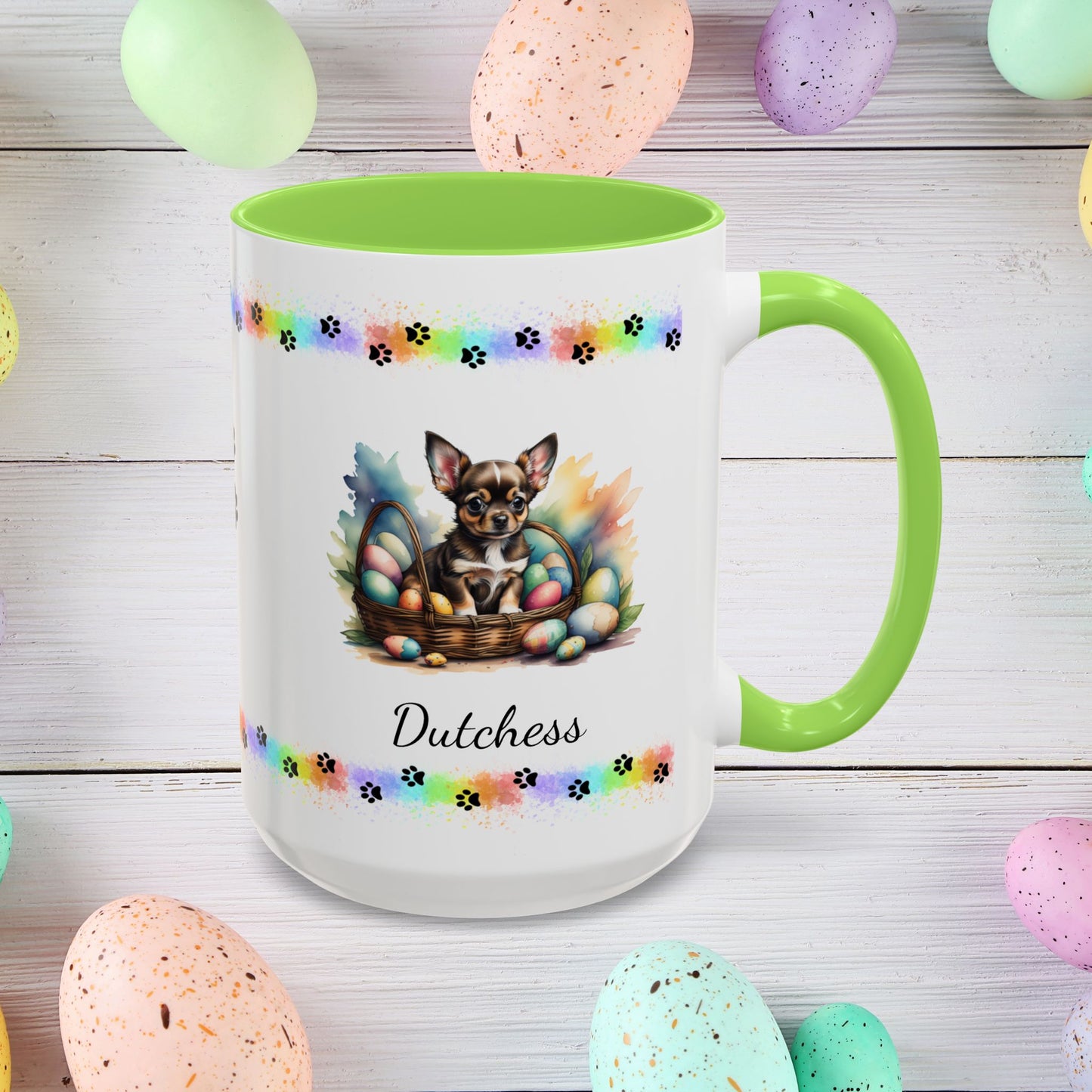Chihuahua (Black Tri): Personalized Easter Puppy Coffee Mug - Adorable Dog Design, Mental Health Gift, 11oz & 15oz, 12 Color Choices, Easter Gifts & Décor