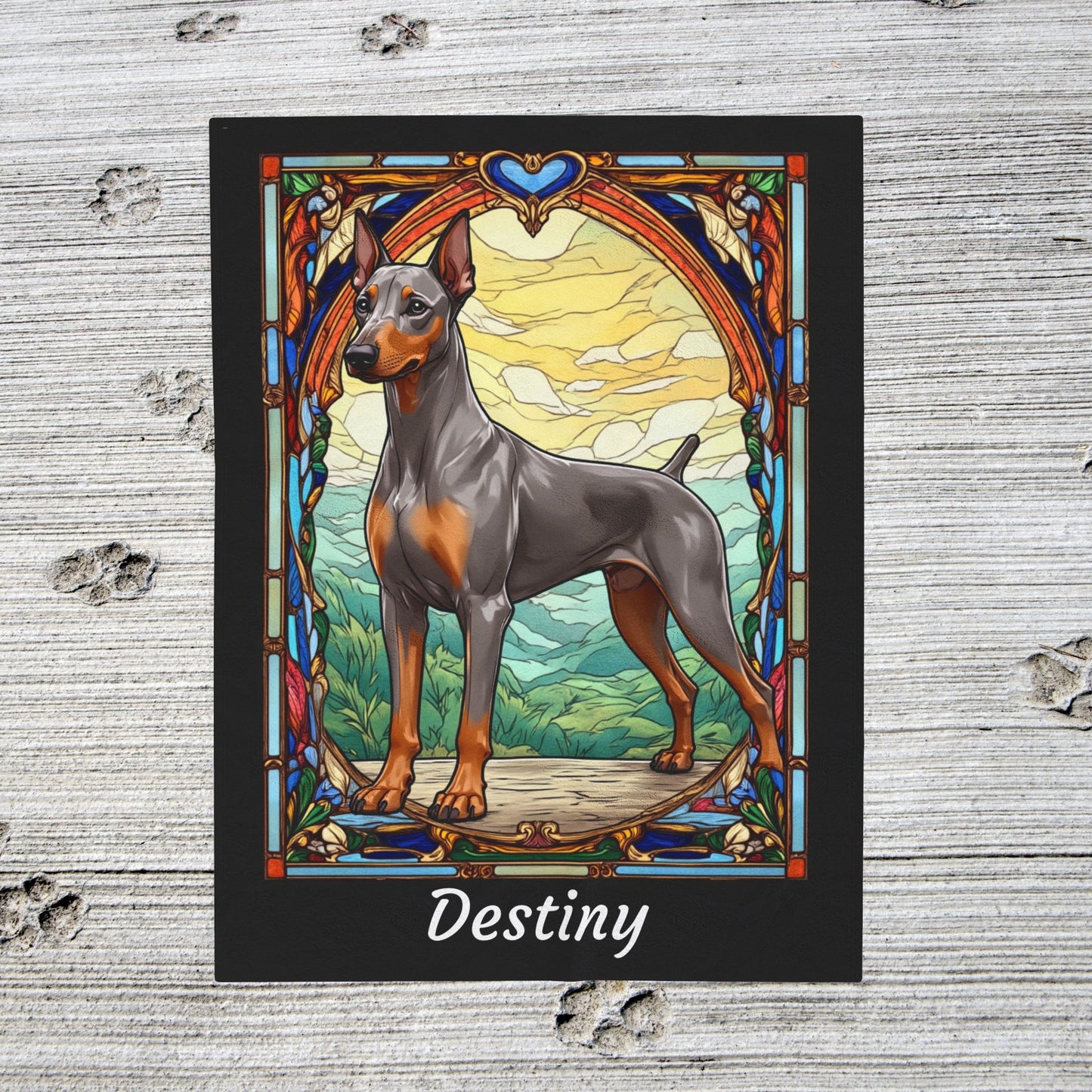 Doberman fawn Isabella and rust velveteen blanket, stained glass dog throw, personalized pet gift - MySisterIsASurvivor