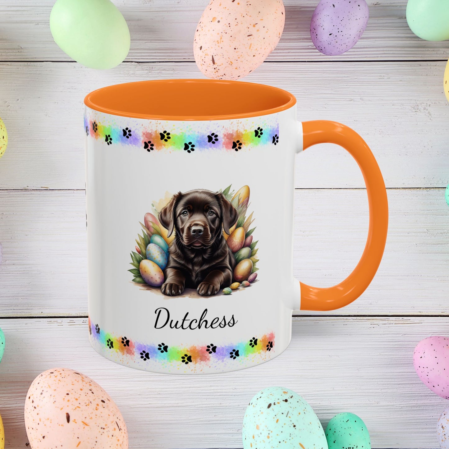 Chocolate Labrador Easter puppy coffee mug, personalized cute dog gift for mental health support and cozy sipping