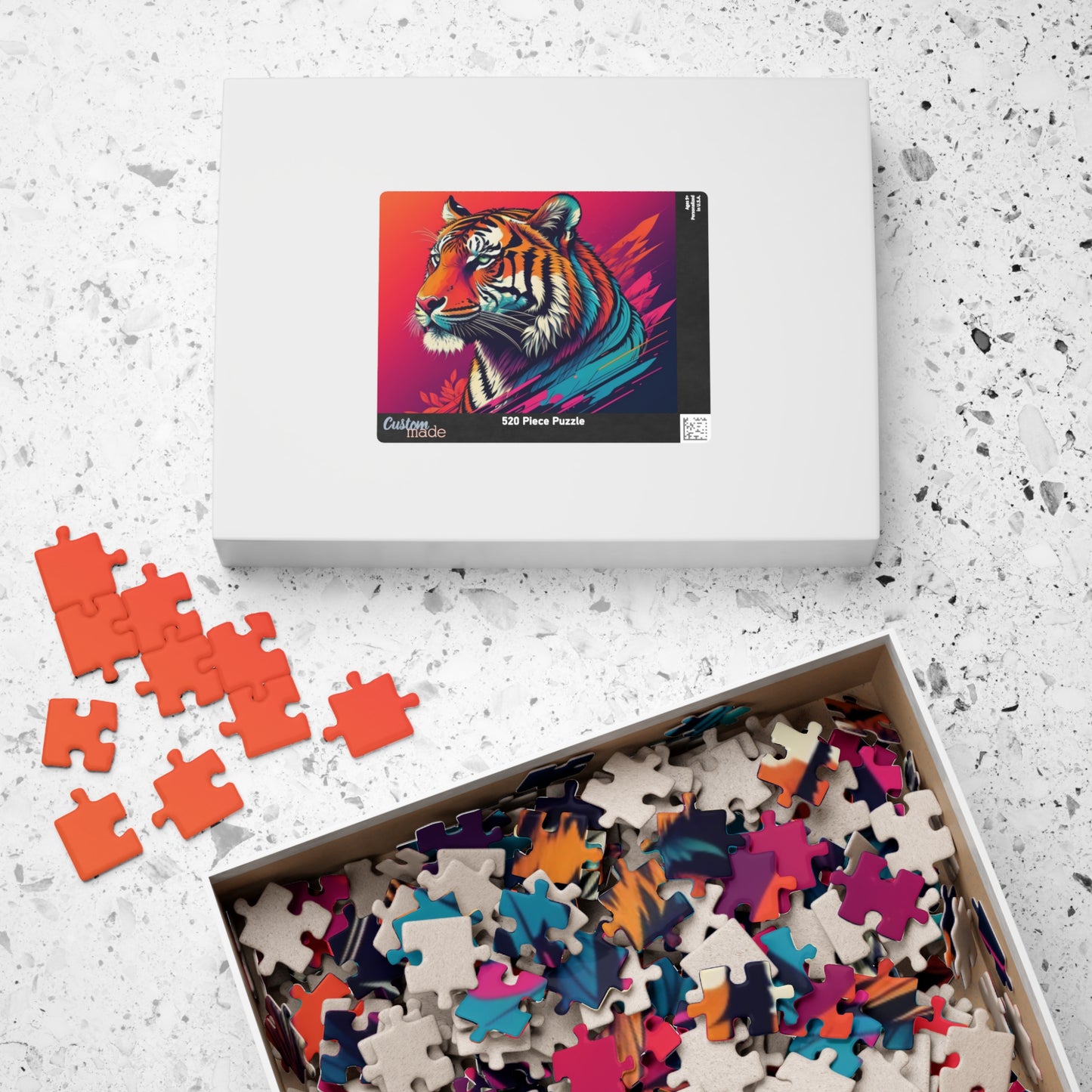 Calm in the Tiger's Stripes - Tropical Tiger Jigsaw Puzzle with Coral Gradient and Teal Leaf Art