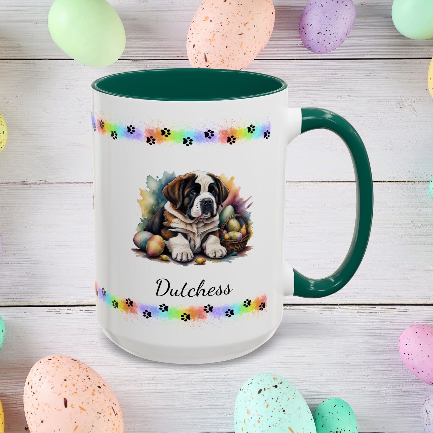 Saint Bernard: Personalized Easter Puppy Coffee Mug - Adorable Dog Design, Mental Health Gift, 11oz & 15oz, 12 Color Choices, Easter Gifts & Décor