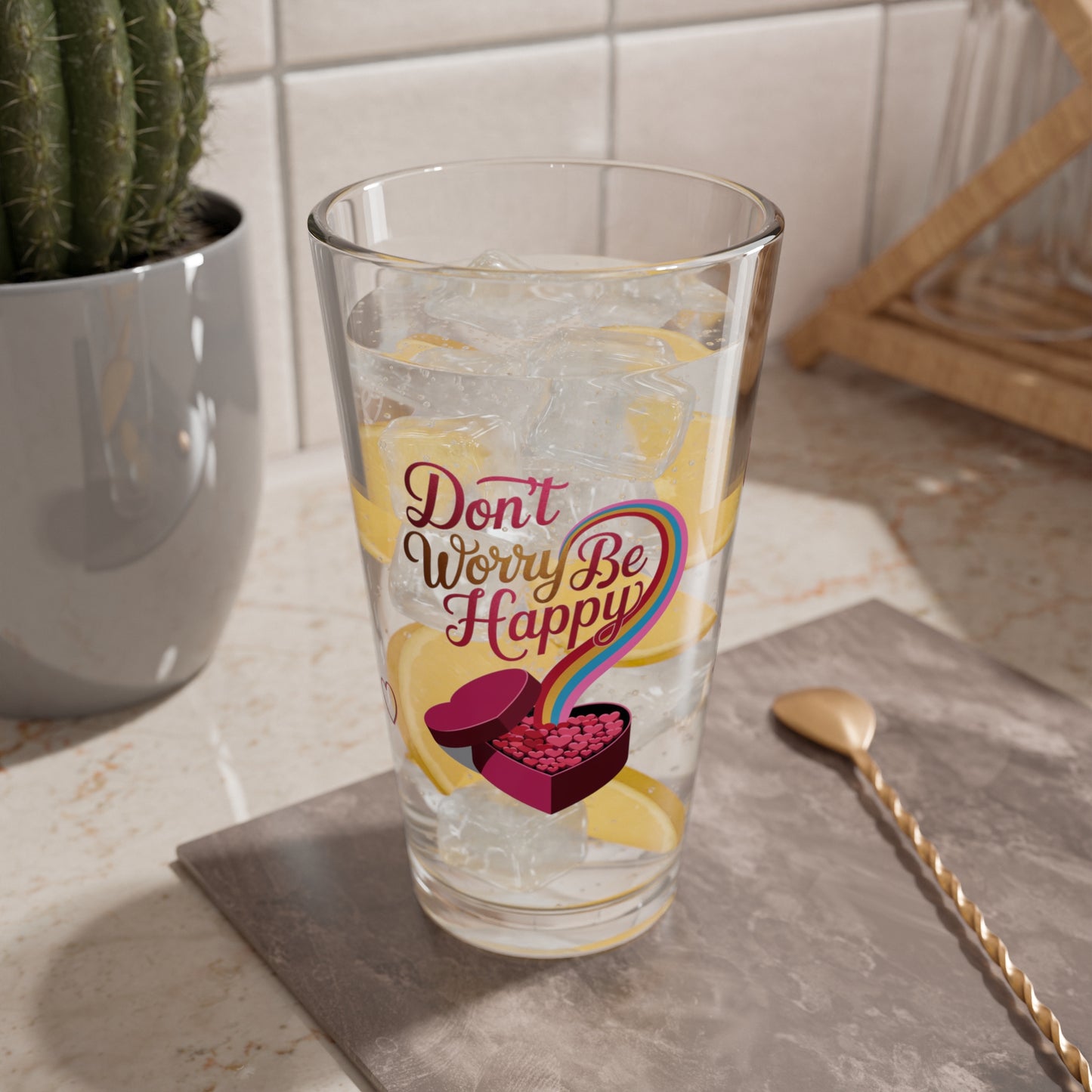 Don't Worry Be Happy: Personalized Valentine's Day Affirmation Pint Glass – Valentine's Day Self-Care Gift, Mindful Positivity Drinkware