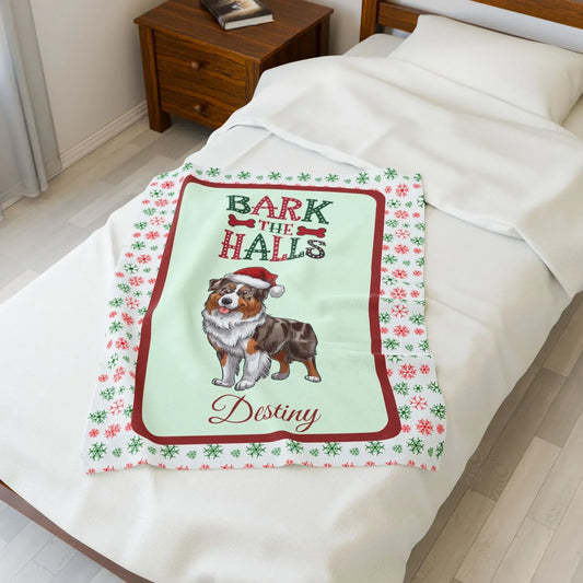 Shop our personalized australian shepherd red merle velveteen plush blanket bark the halls featuring the 50" × 60" style option from MySisterIsASurvivor.