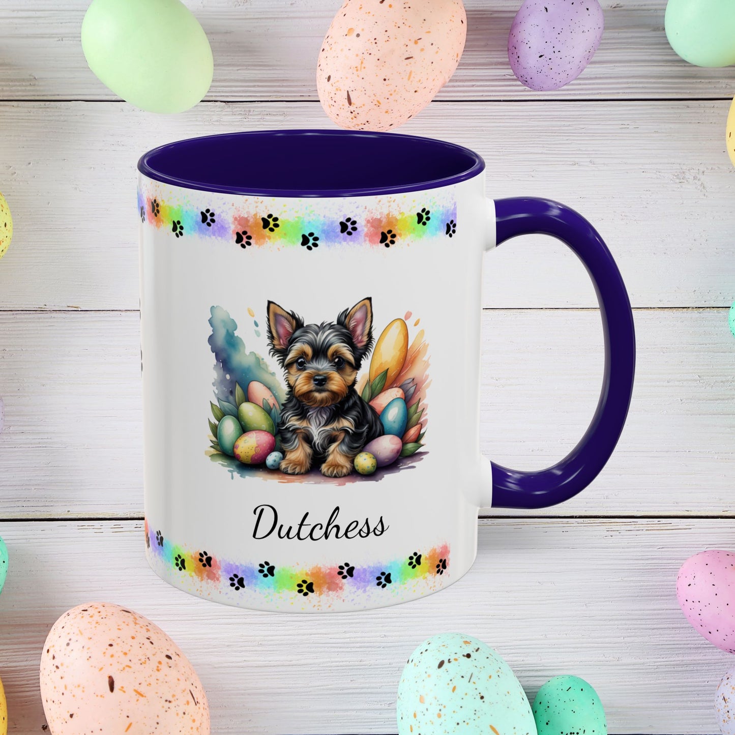 Yorkshire Terrier Easter puppy coffee mug personalized dog gift, perfect for mindfulness, self-care, and spring positivity.