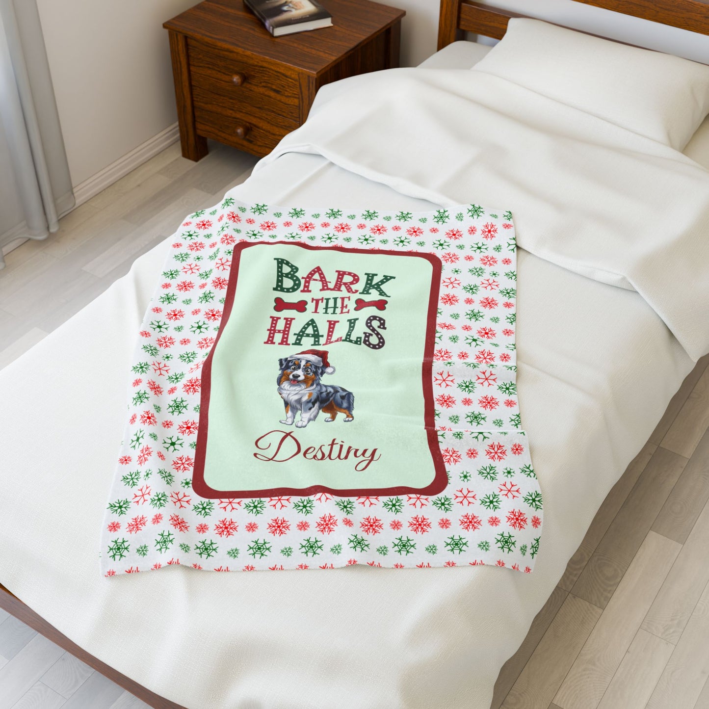 Australian Shepherd (Blue Merle) Personalized Velveteen Plush Blanket - "Bark The Halls" | Cozy Holiday Gift for Dog Lovers