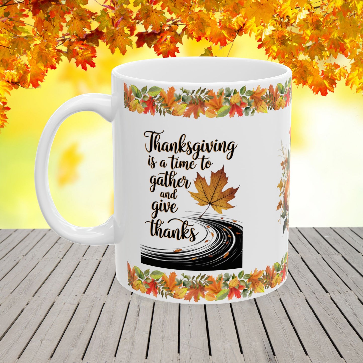 Ceramic Mug for Thanksgiving with "Gather and Give Thanks Together" Message for Family Moments