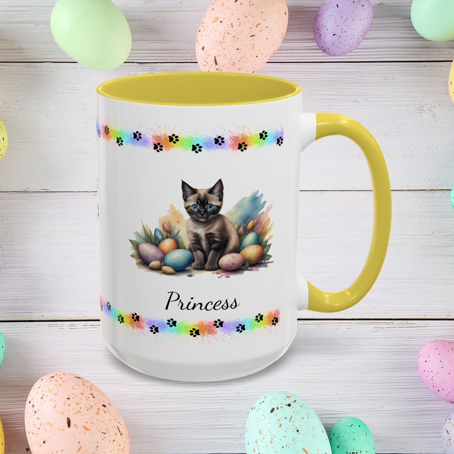 Siamese personalized Easter kitten mug, cute cat coffee cup, gift for mental health support and comfort