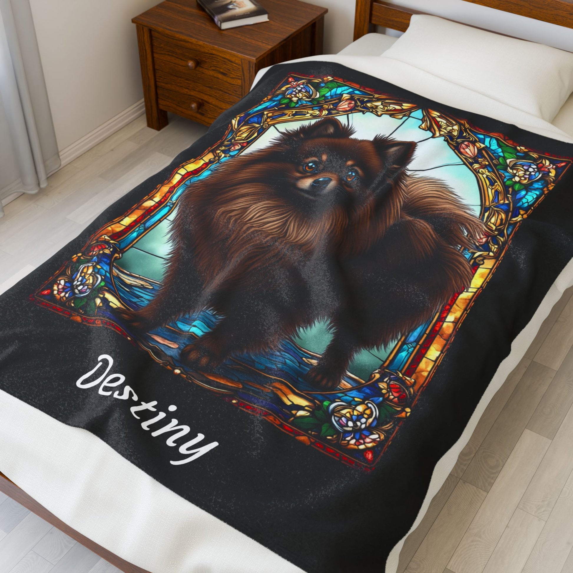 Pomeranian Chocolate Coat Blanket, Velveteen Plush Stained Glass Dog Art Throw, Custom Gift for Humans