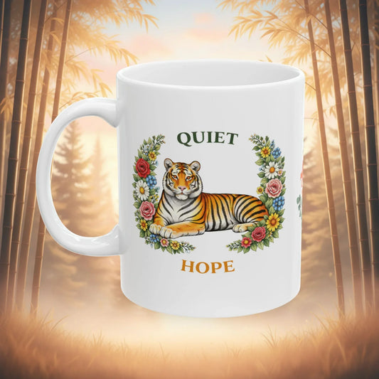 Shop our quiet hope tiger mug featuring the 15oz style option from MySisterIsASurvivor.