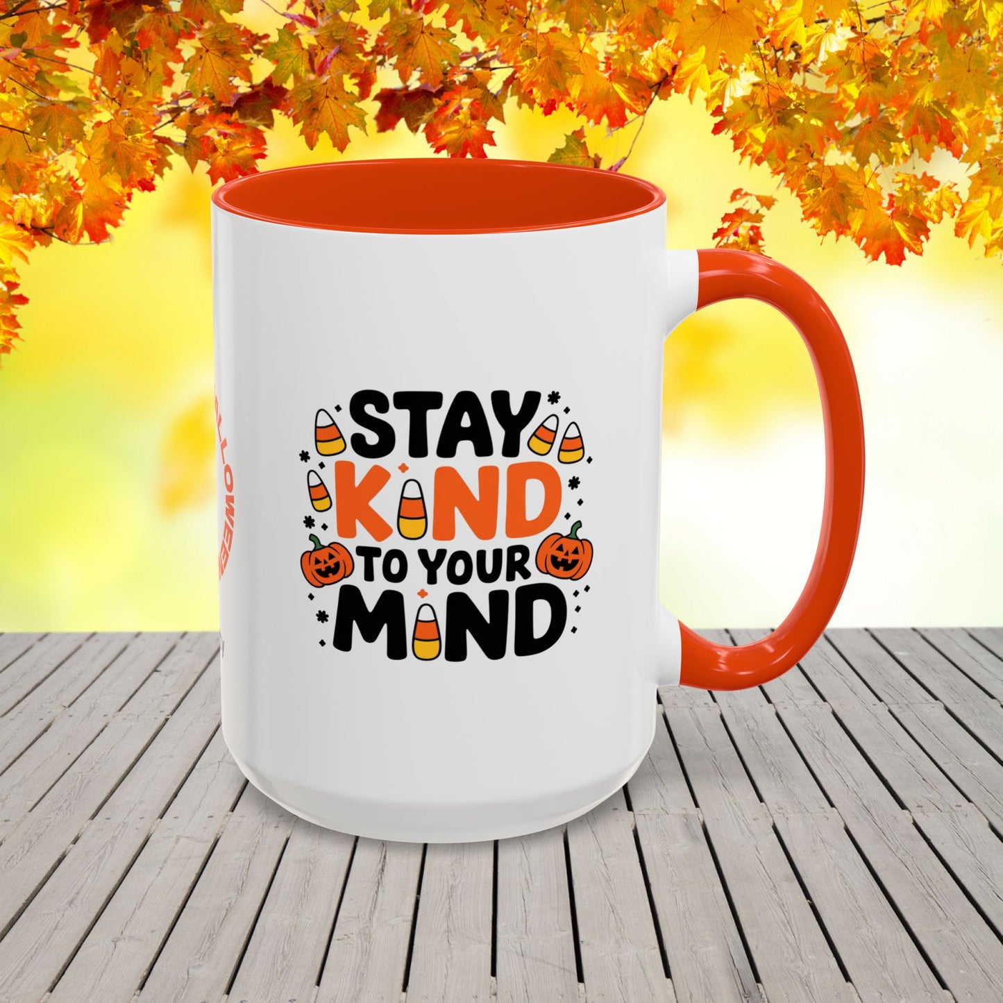 Custom Halloween mug with “Stay Kind to Your Mind” quote, personalized mental wellness gift for everyday encouragement.
