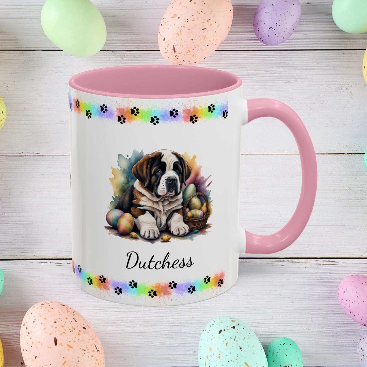 Saint Bernard: Personalized Easter Puppy Coffee Mug - Adorable Dog Design, Mental Health Gift, 11oz & 15oz, 12 Color Choices, Easter Gifts & Décor