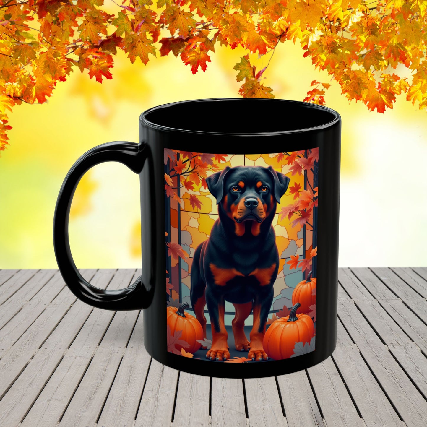 Black and Rust Rottweiler personalized mug with autumn leaves, custom coffee cup for dog lovers and cozy fall gift