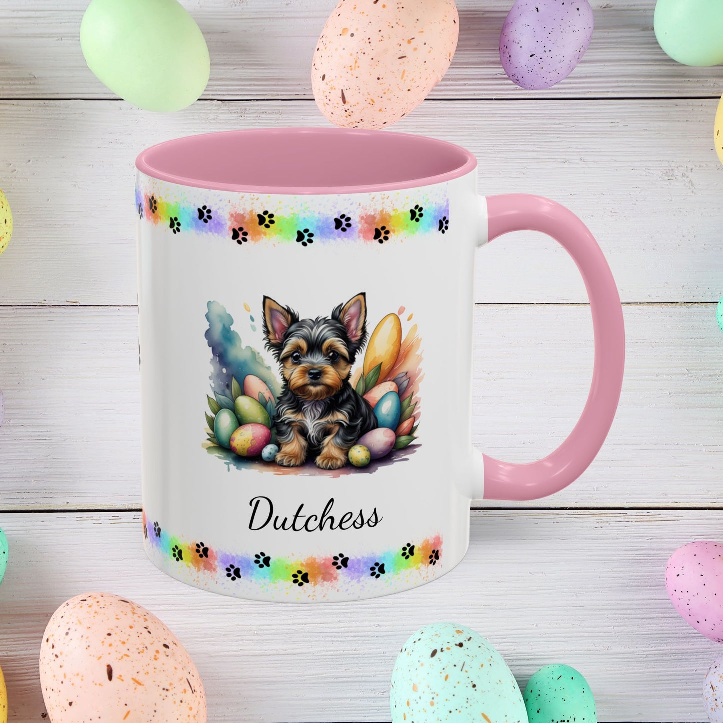 Yorkshire Terrier Easter puppy coffee mug personalized dog gift, perfect for mindfulness, self-care, and spring positivity.