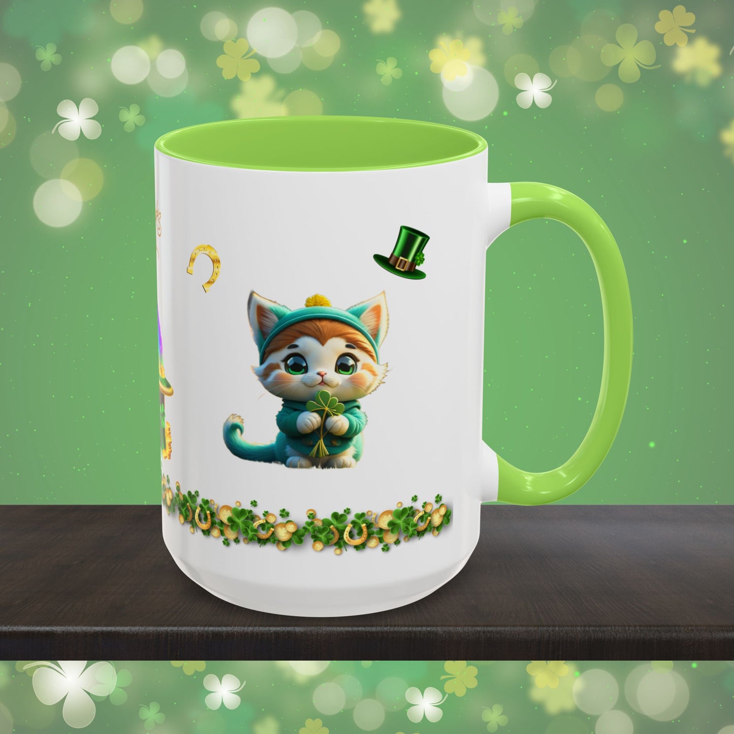 Serene Shamrock Kitty: St. Patrick's Day Two-Tone Coffee Mug - Festive Ceramic Mug for Positivity & Mindfulness