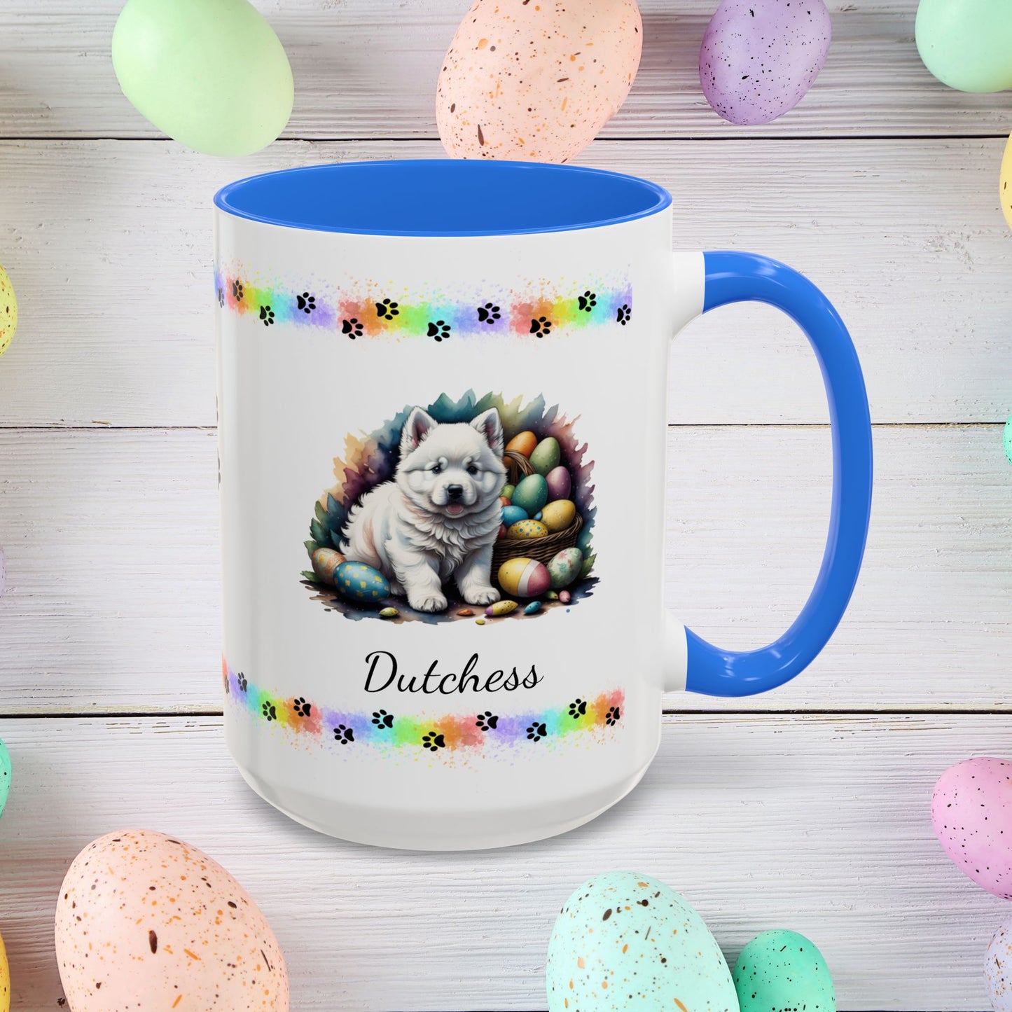 Samoyed Easter puppy coffee mug personalized dog design, cozy mental health gift for spring and daily mindfulness.