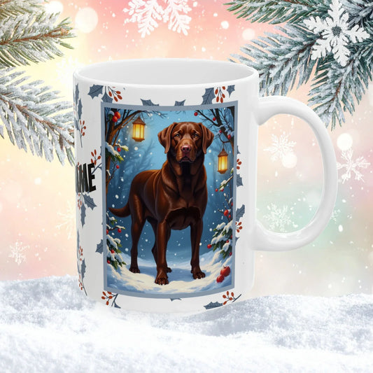 Shop our labrador retriever chocolate winter lodge mug featuring the 15oz style option from MySisterIsASurvivor.
