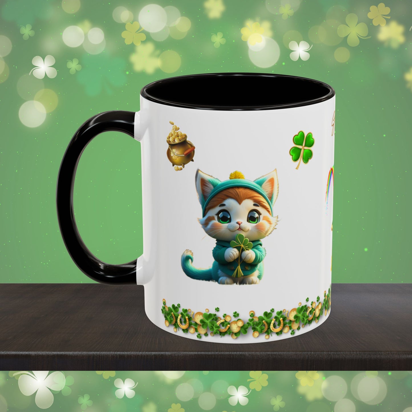 Serene Shamrock Kitty: St. Patrick's Day Two-Tone Coffee Mug - Festive Ceramic Mug for Positivity & Mindfulness