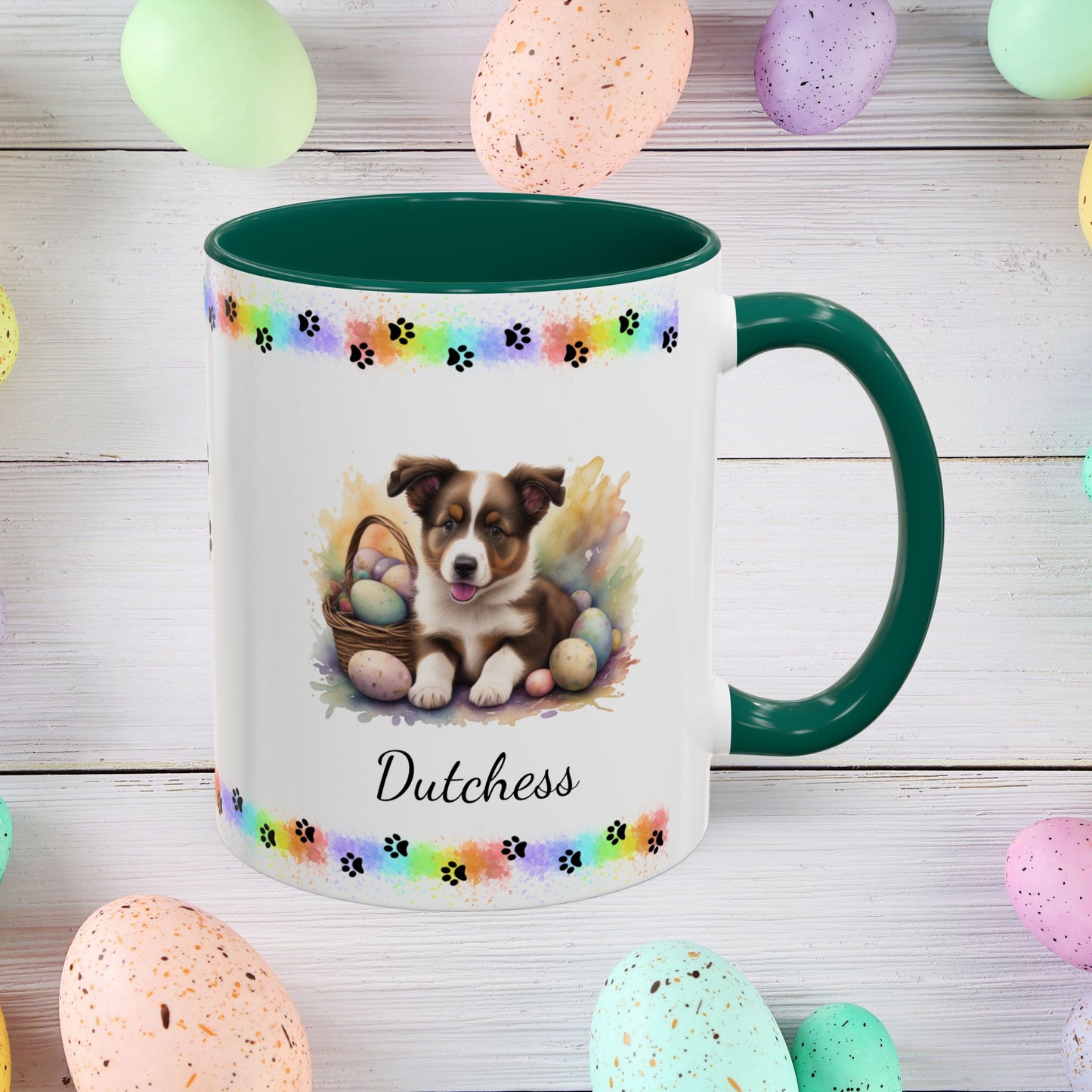 Border Collie Brown & White personalized Easter puppy mug, cute dog coffee cup, mental health awareness gift