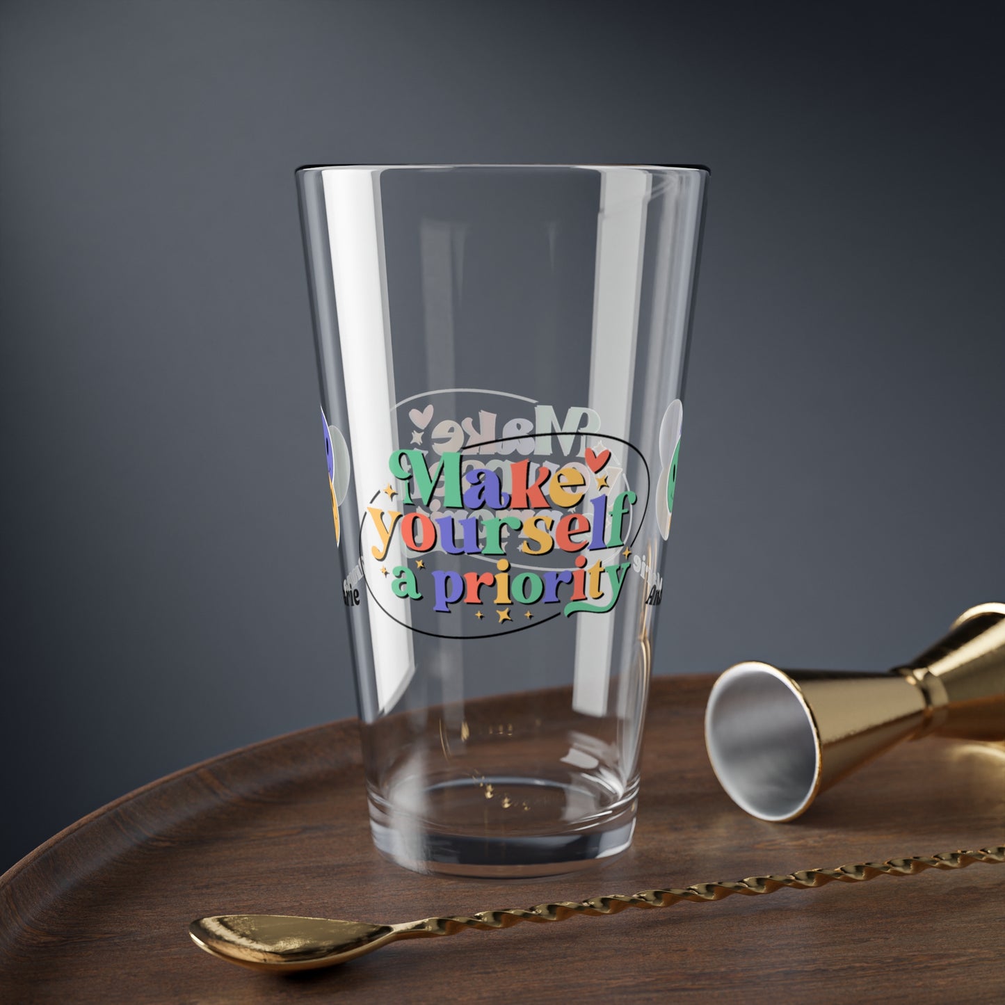 Make Yourself a Priority retro mental health pint glass with custom clear glass design