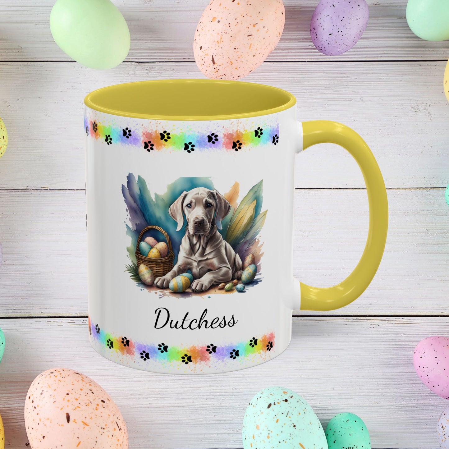 Weimaraner taupe Easter puppy coffee mug personalized dog design, ideal for promoting calm, comfort, and spring cheer.