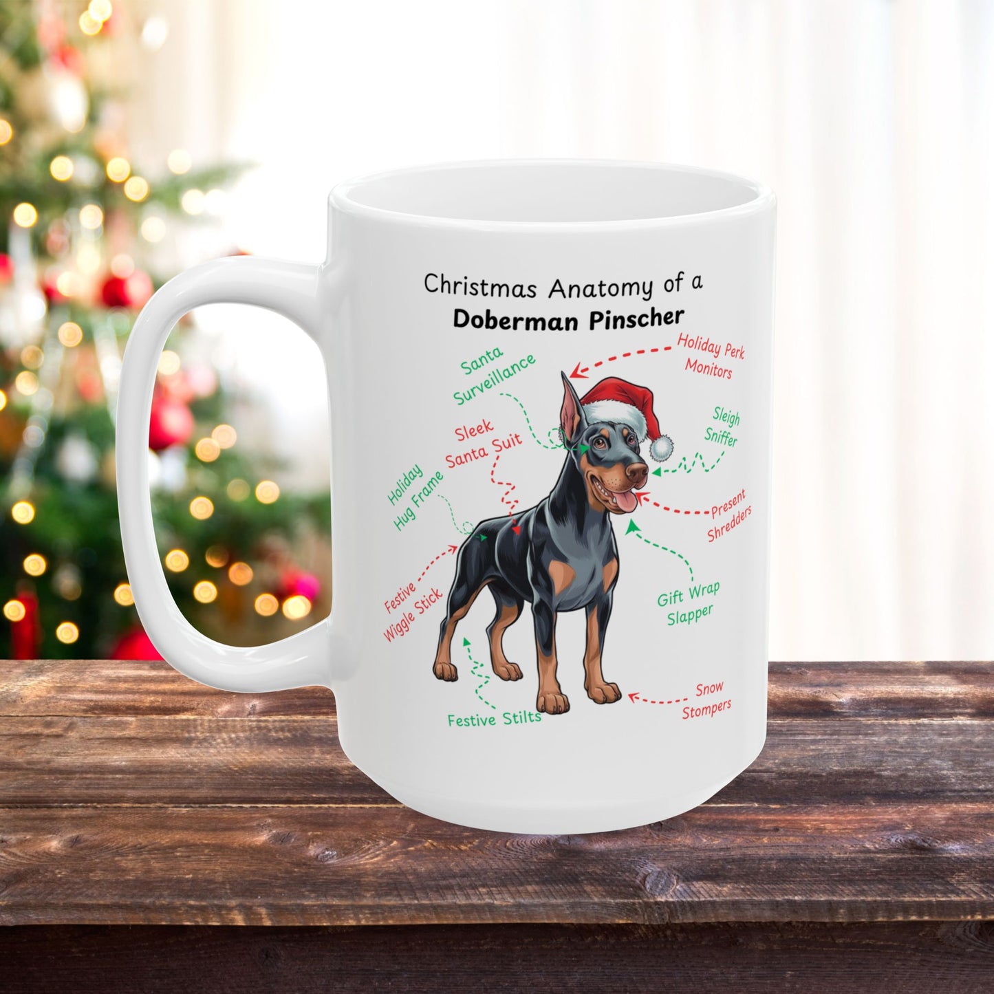 Doberman Pinscher (Blue & Rust) Personalized Christmas Dog Anatomy Mug, Funny Holiday Gift for Dog Lovers, Festive Dog Breed Coffee Cup