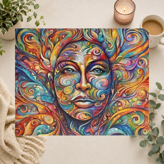 Therapeutic Canvas - Psychedelic Face-as-Canvas Puzzle with Swirling Spirals in Teal, Orange, and Purple