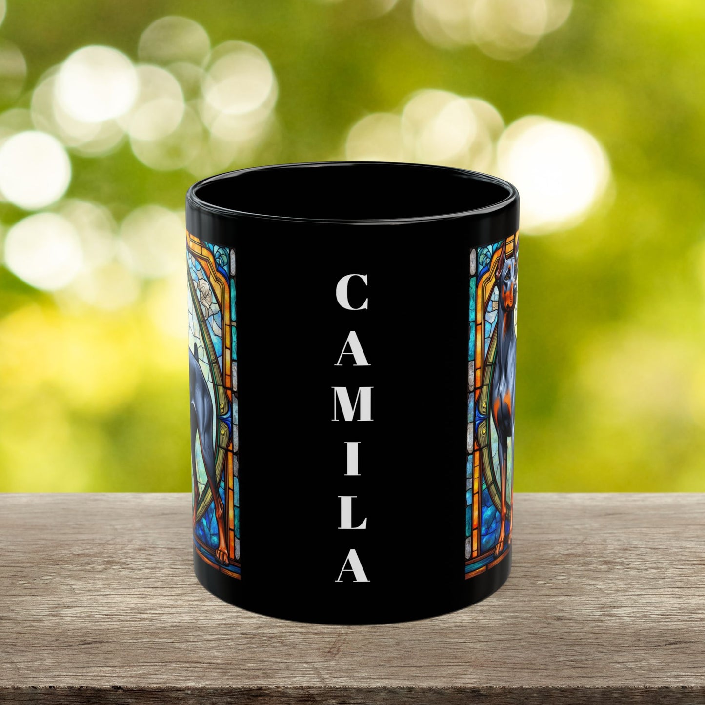Doberman blue and rust personalized mug, stained glass coffee cup for dog lovers and pet parents