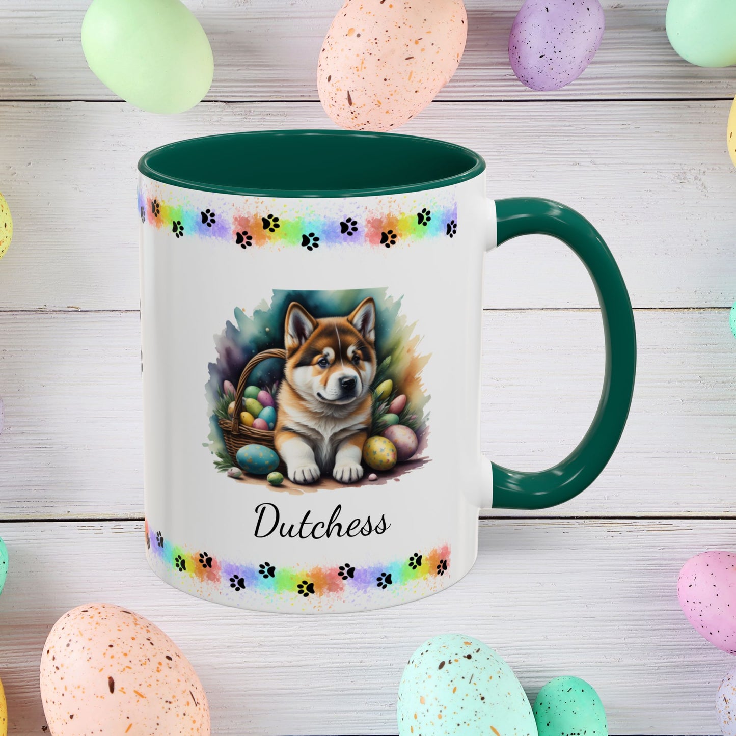 Akita personalized Easter puppy mug, cute dog coffee cup gift for mental health awareness and cozy sipping