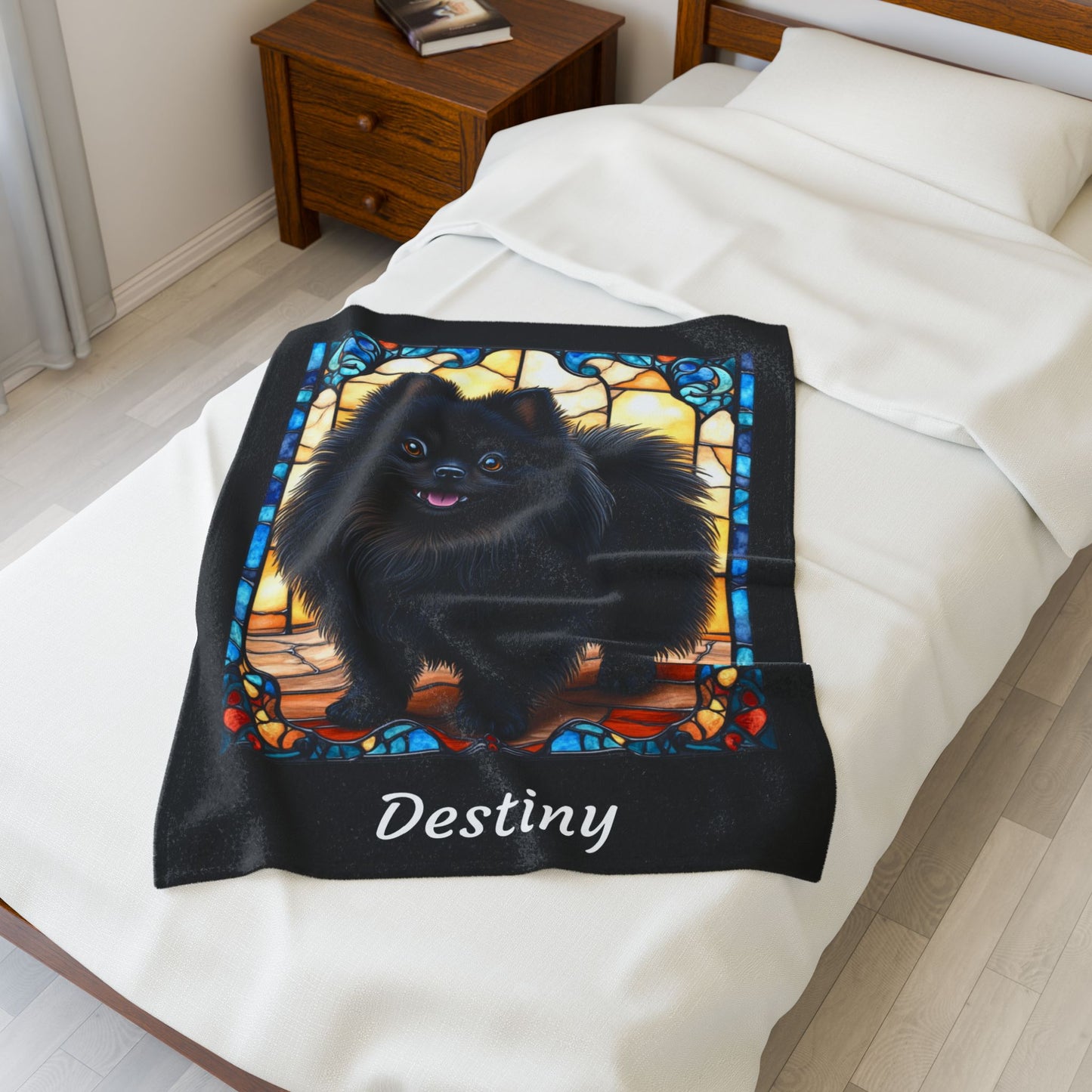 Pomeranian Black - Velveteen Plush Stained Glass Dog Blanket - Personalized Pet Blanket, Pomeranian Lover Gift