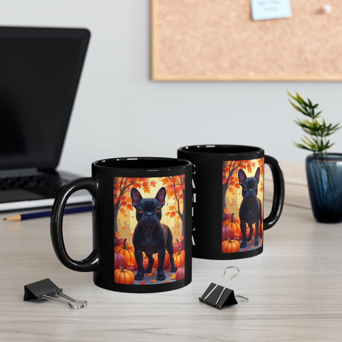 French Bulldog Black - Cozy autumn coffee mug, dog lover gift for Frenchie moms and dads