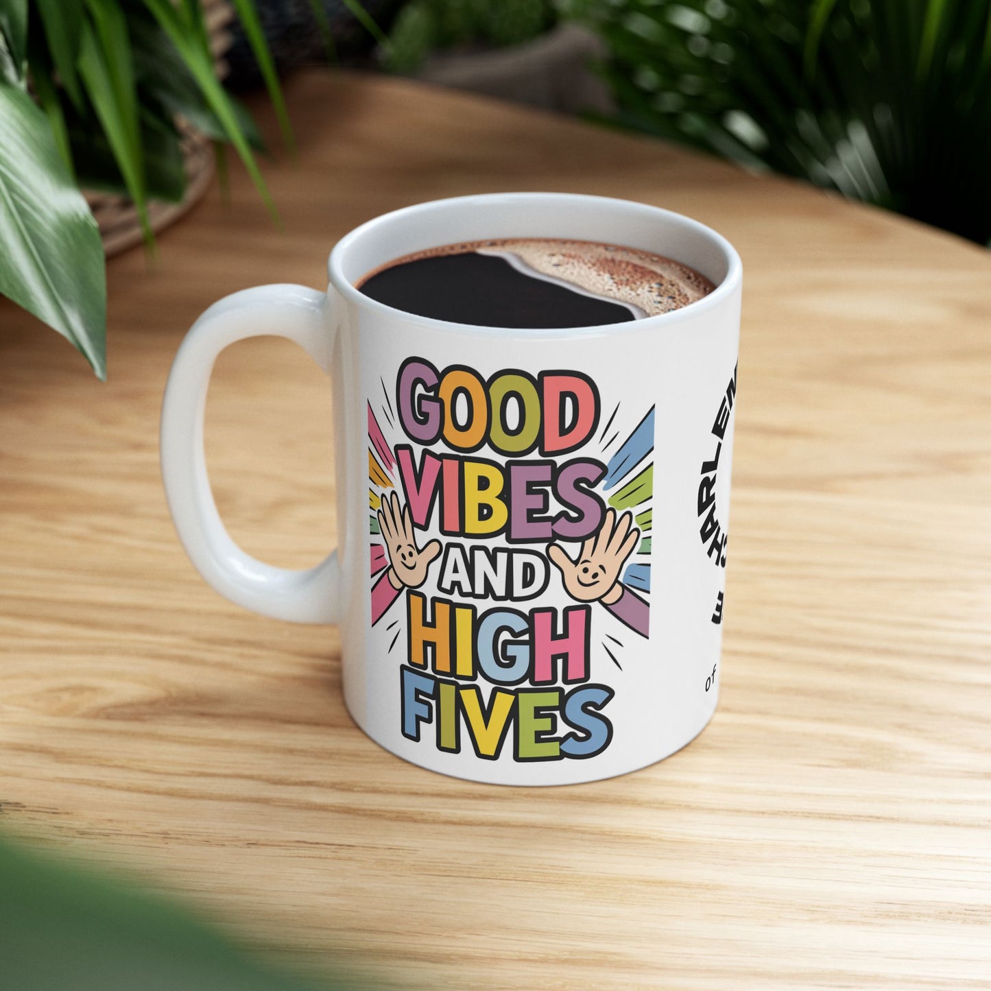 "Good Vibes And High Fives" funny mental health mug, personalized ceramic cup with anxiety relief and positive affirmations.