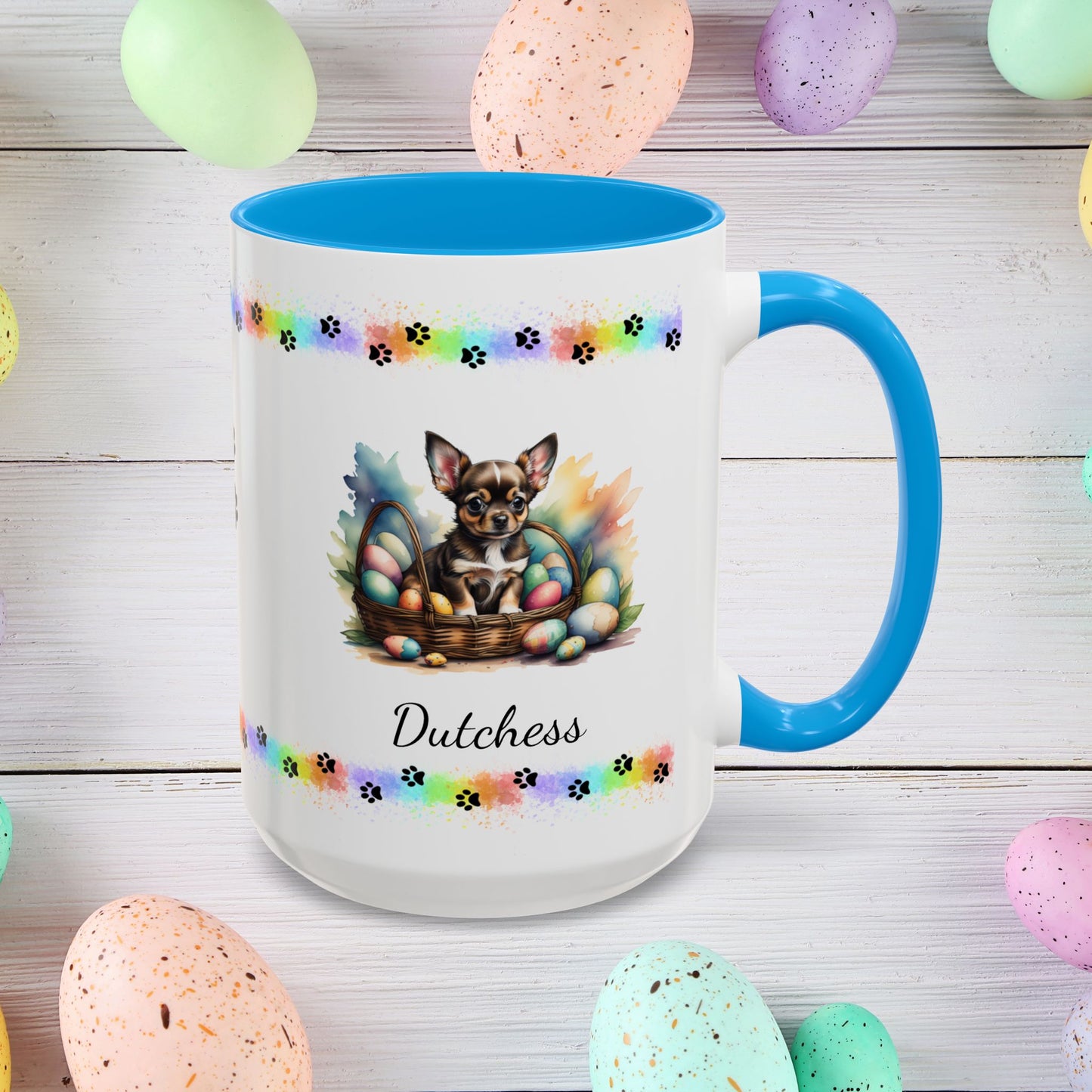 Chihuahua (Black Tri): Personalized Easter Puppy Coffee Mug - Adorable Dog Design, Mental Health Gift, 11oz & 15oz, 12 Color Choices, Easter Gifts & Décor