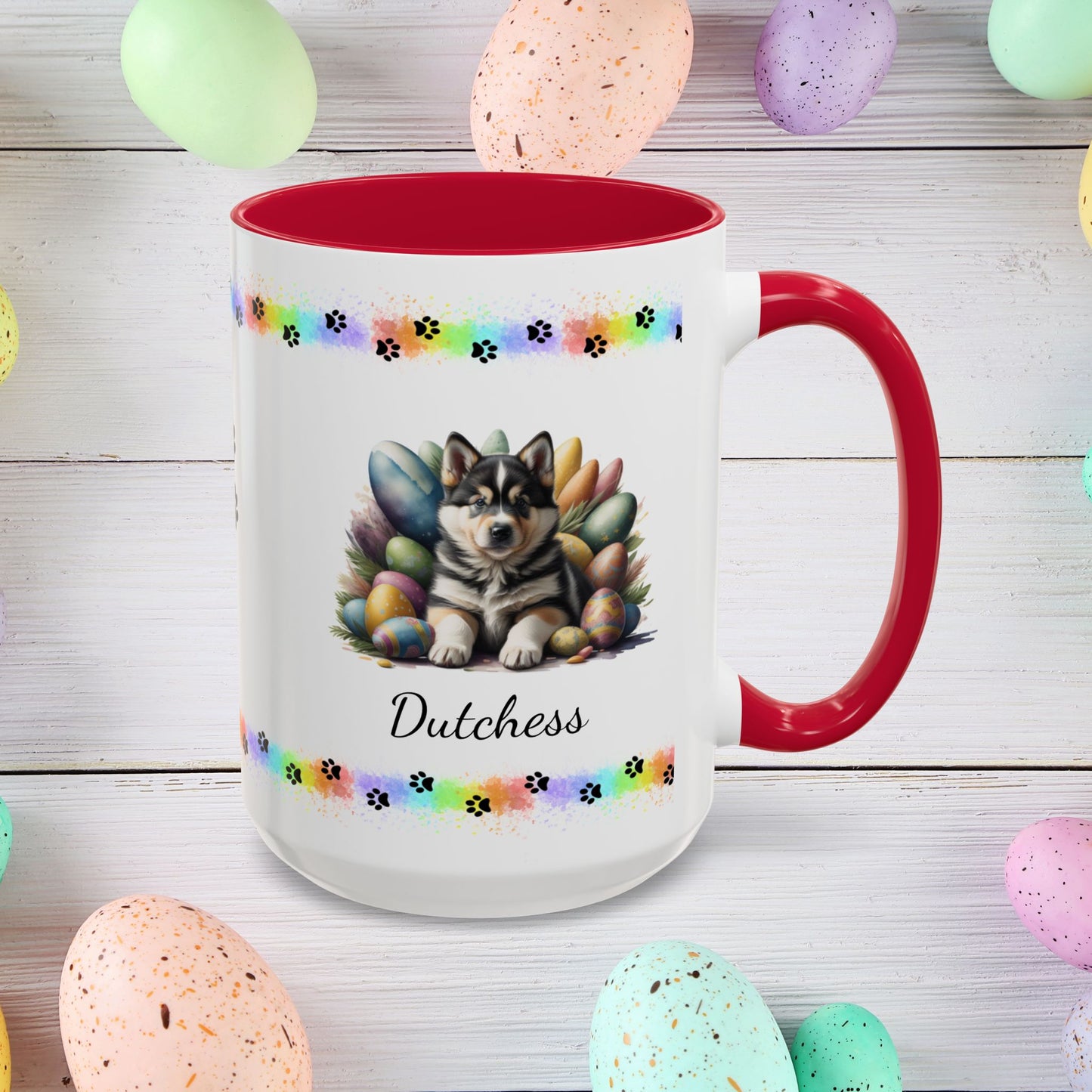 Alaskan Malamute Easter puppy coffee mug, personalized cute dog gift for mental health support and comfort