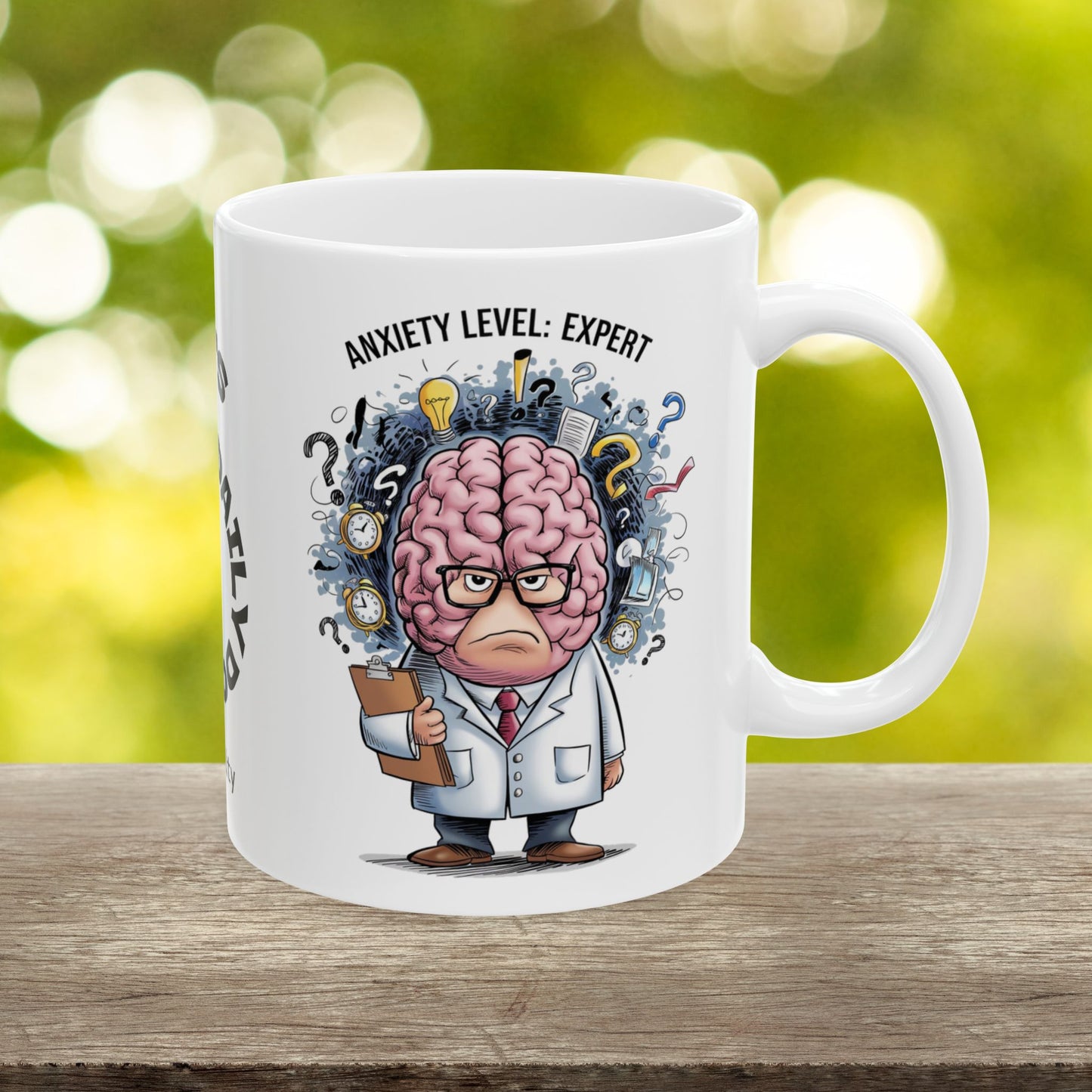 Personalized "Anxiety Level: Expert" funny mental health mug with affirmations for anxiety and mental health support.