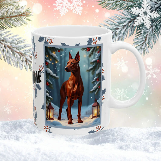 Shop our doberman red winter lodge mug featuring the 15oz style option from MySisterIsASurvivor.