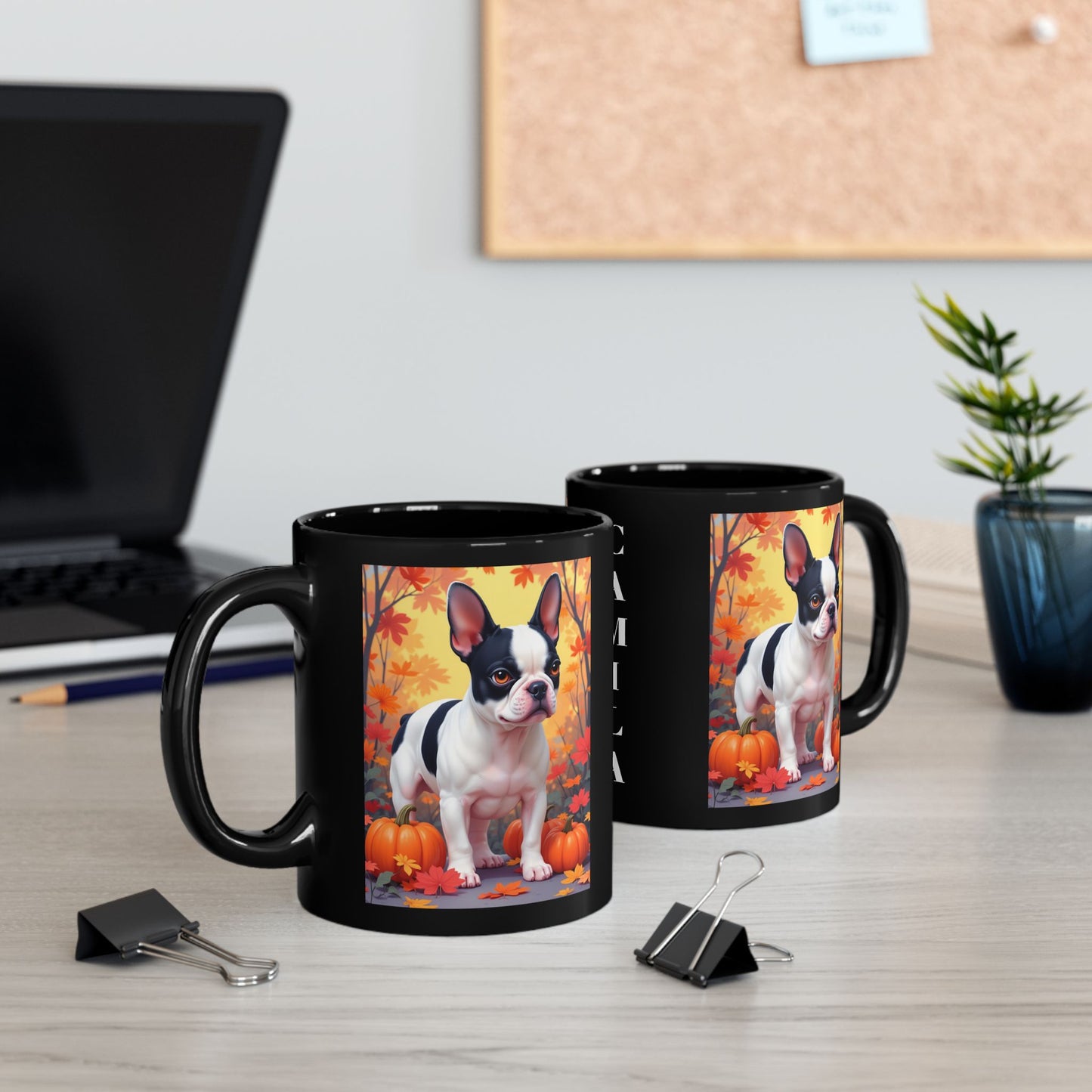 French Bulldog Black Pied - Autumn coffee mug, cozy seasonal dog lover gift for Frenchie parents