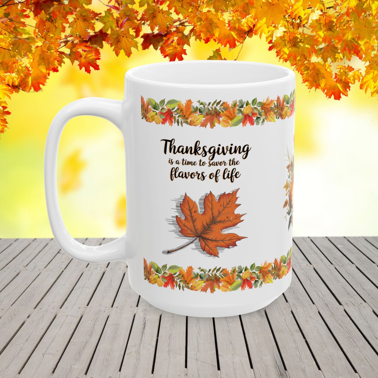 Thanksgiving Ceramic Mug with "Savor Life’s Flavors" for Enjoying Good Food and Gratitude