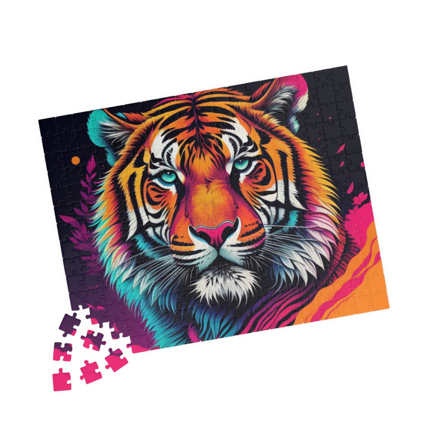 Fierce tiger mid-roar in a vibrant background, featured on a puzzle symbolizing fresh energy and personal strength