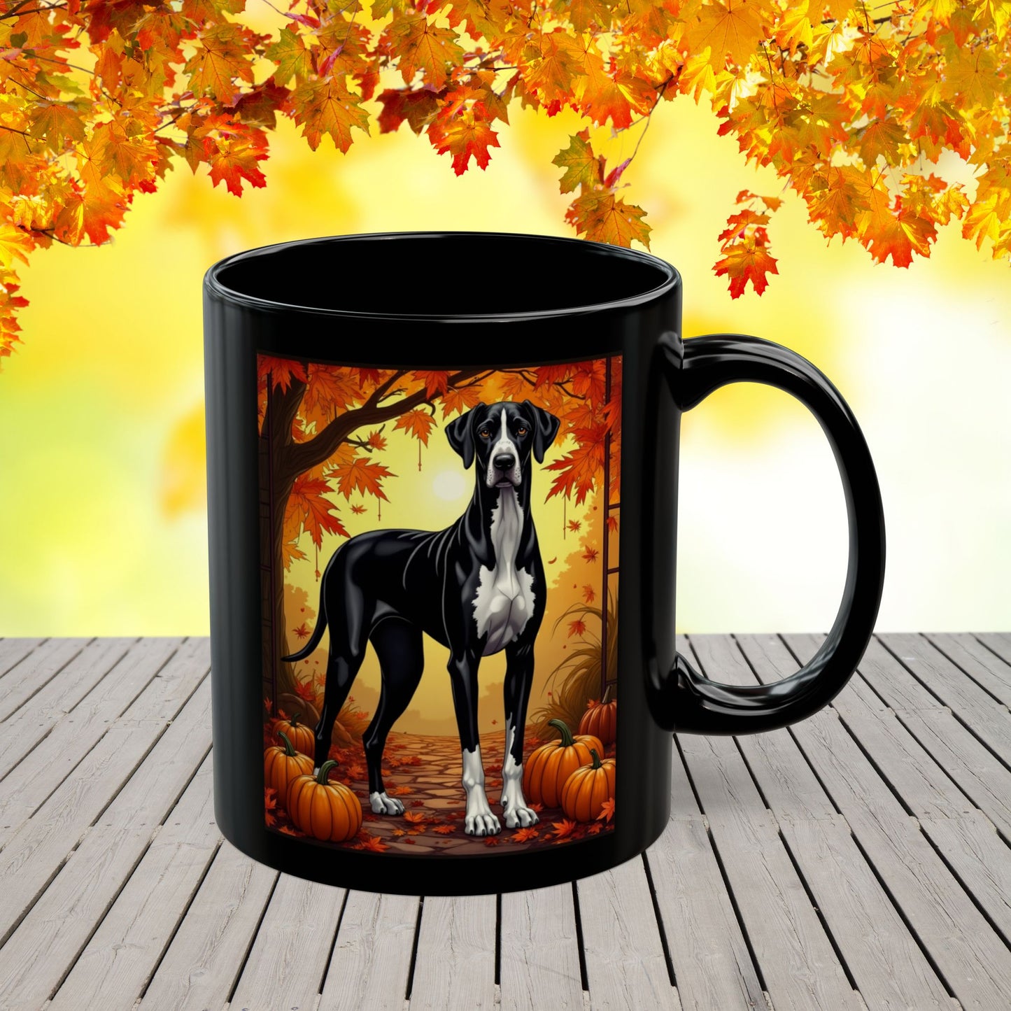 Great Dane Mantle - Autumn black mug, fall coffee cup for dog moms and seasonal Great Dane gift
