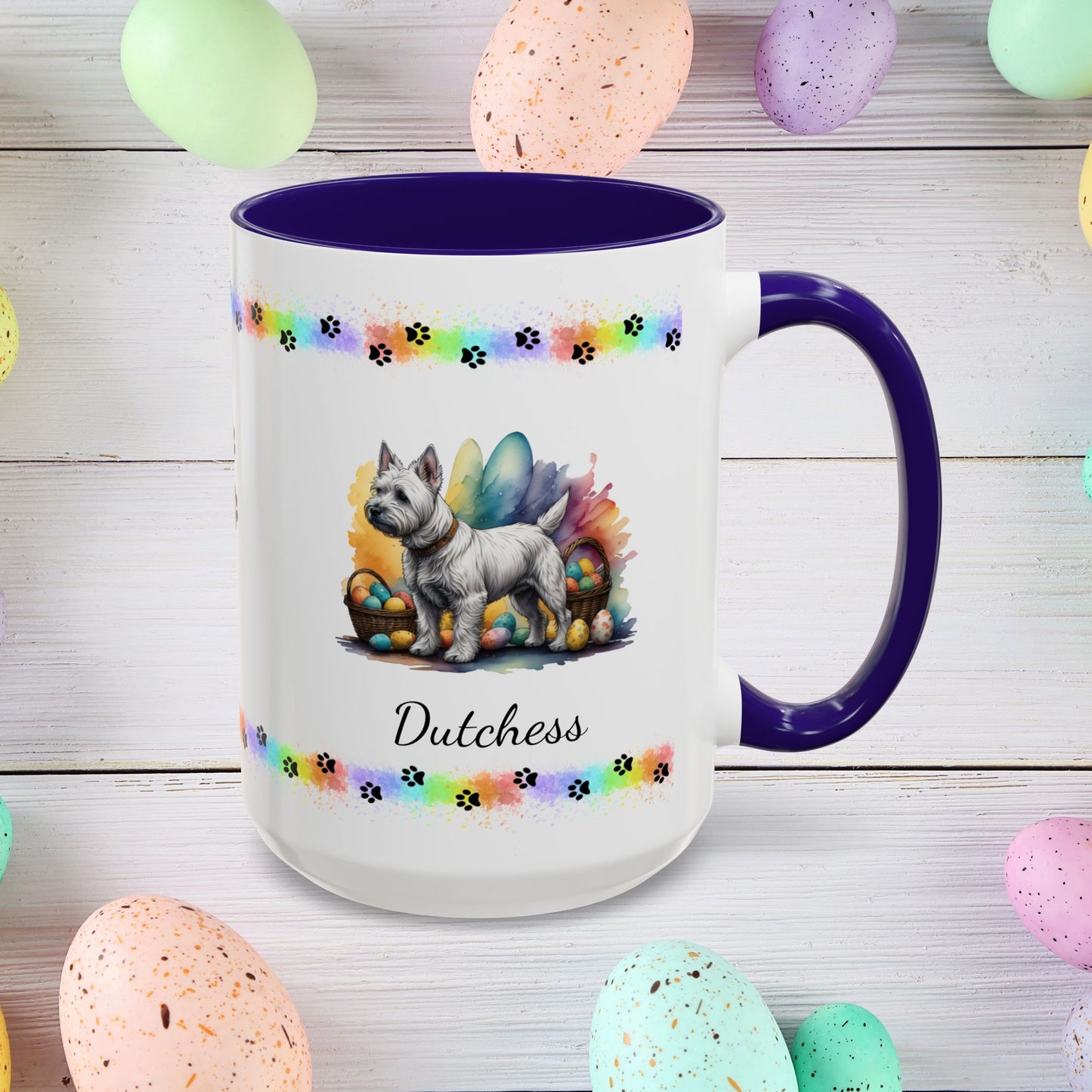 West Highland Terrier Easter puppy coffee mug personalized gift, perfect for Easter mornings and mental health awareness.