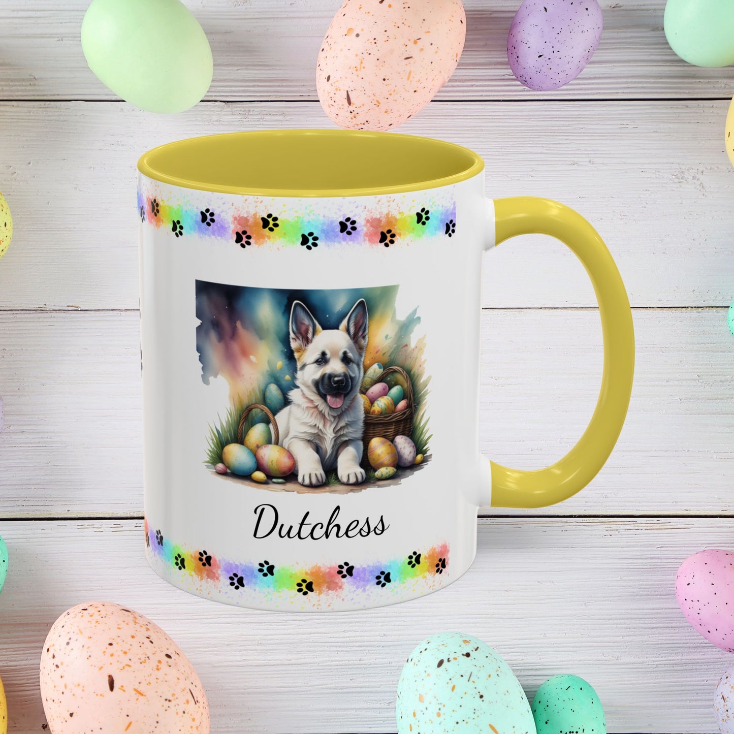 German Shepherd White Easter puppy coffee mug, personalized cute dog gift for mental health awareness and cozy sipping